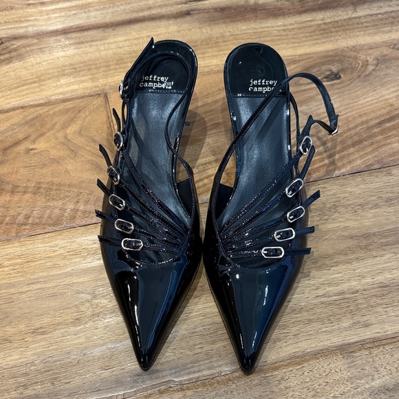 Jeffrey Campbell Black Patent Pointed Slingback Flats with Gold Rings - Picture 4 of 4